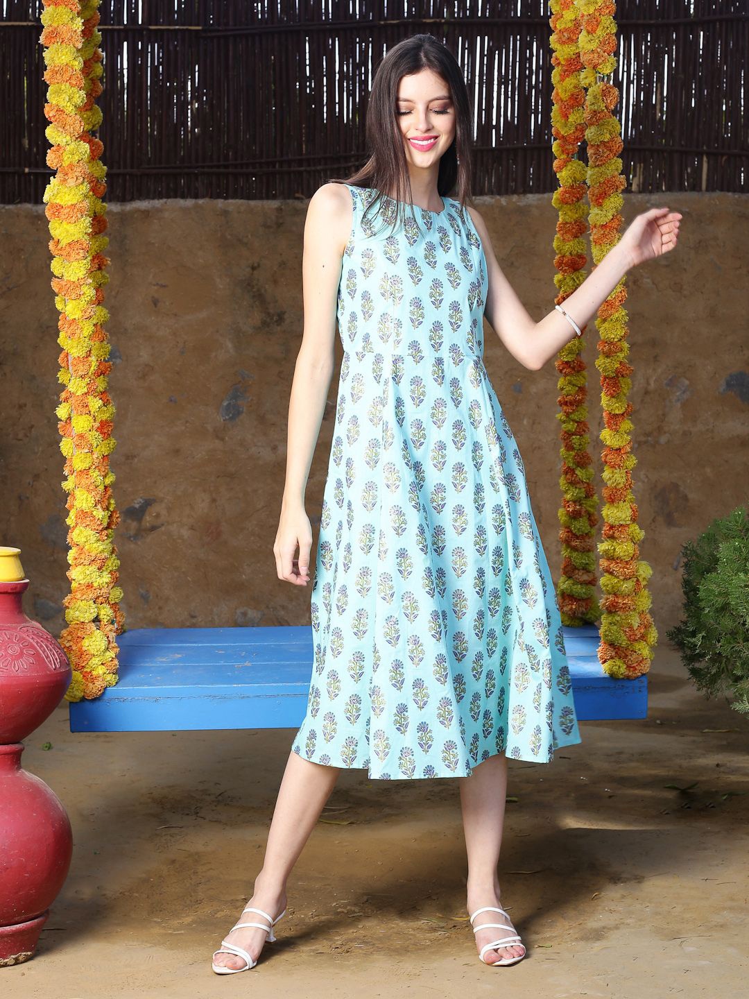 

Sera Women Floral Printed A-Line Dress, Blue