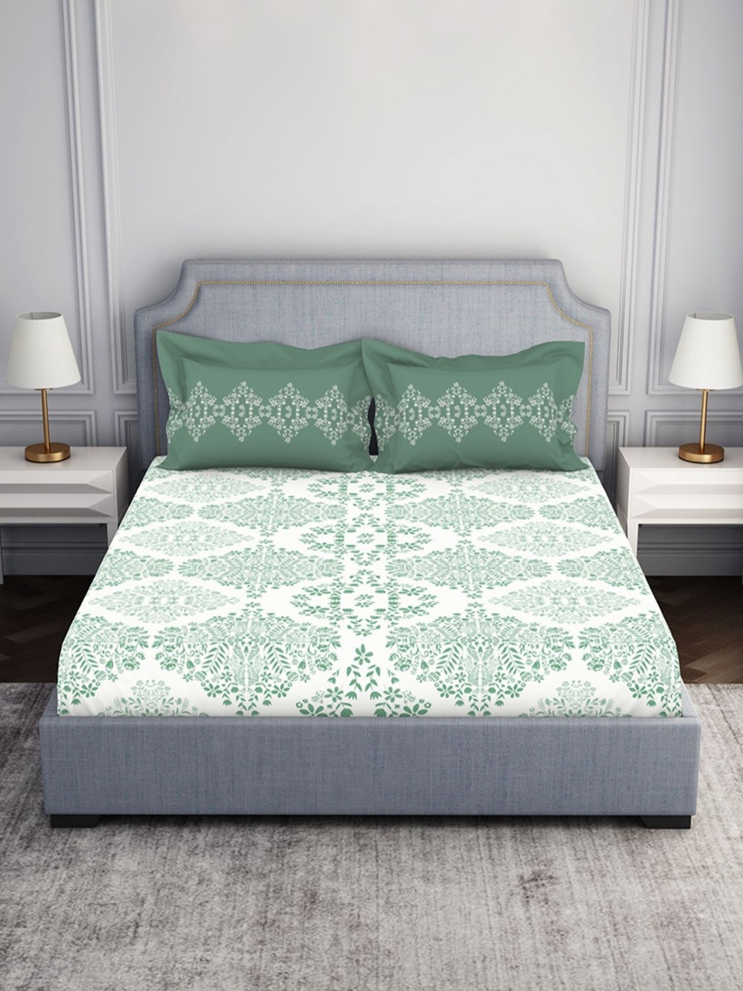

SPACES Green & White Floral 144 TC Queen Bedsheet with 2 Pillow Covers