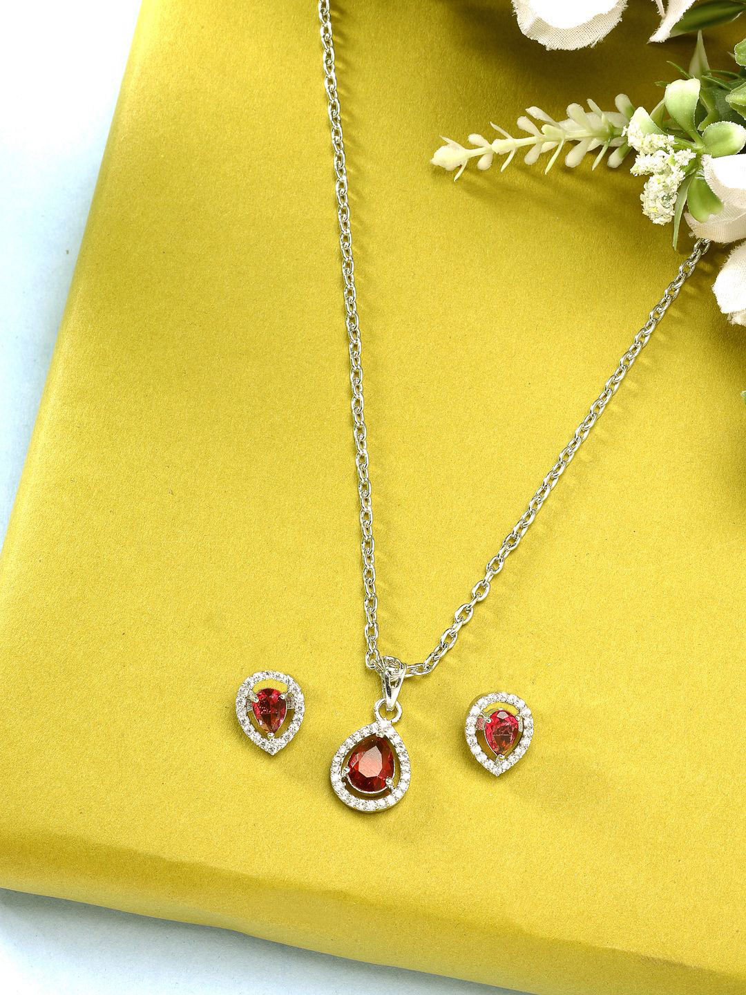 

ZENEME Rhodium-Plated American Diamond Studded Tear Drop Shaped Necklace and Earrings, Silver