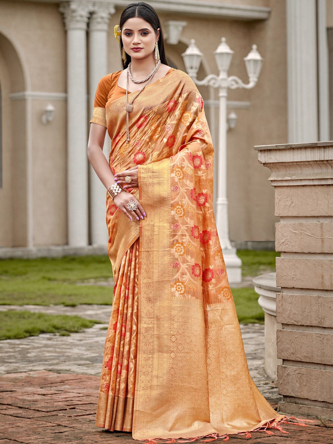 

Exclusiva Women Woven Design Floral Printed Saree With Zari Border, Orange
