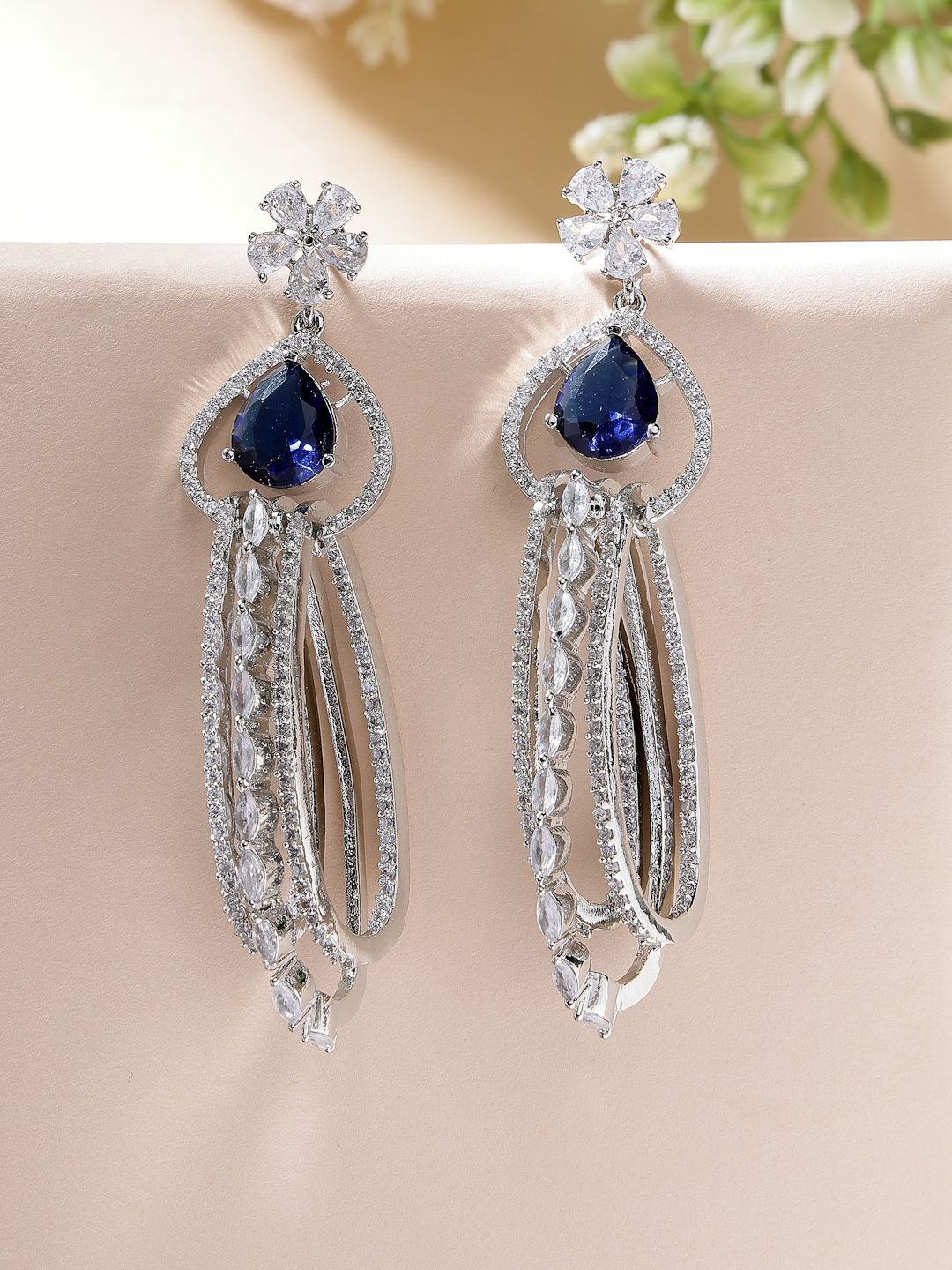 

ZENEME Rhodium Plated American Diamond Contemporary Drop Earrings, Blue