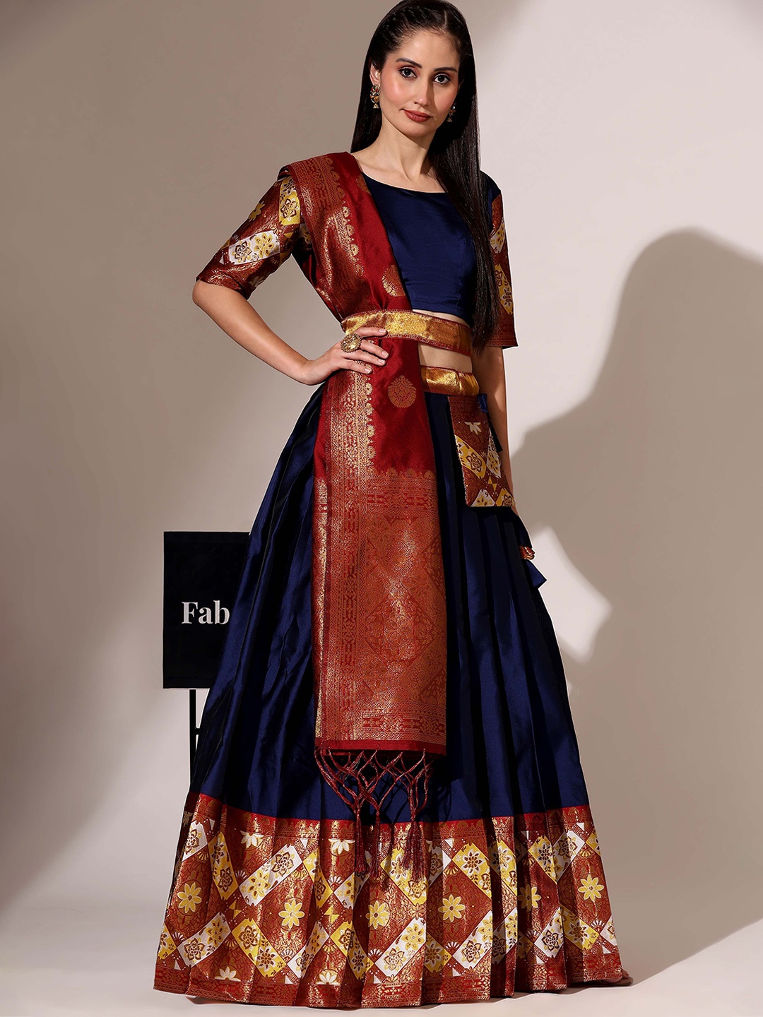 

Fabcartz Floral Woven Design Semi-Stitched Lehenga & Unstitched Blouse & Dupatta, Navy blue