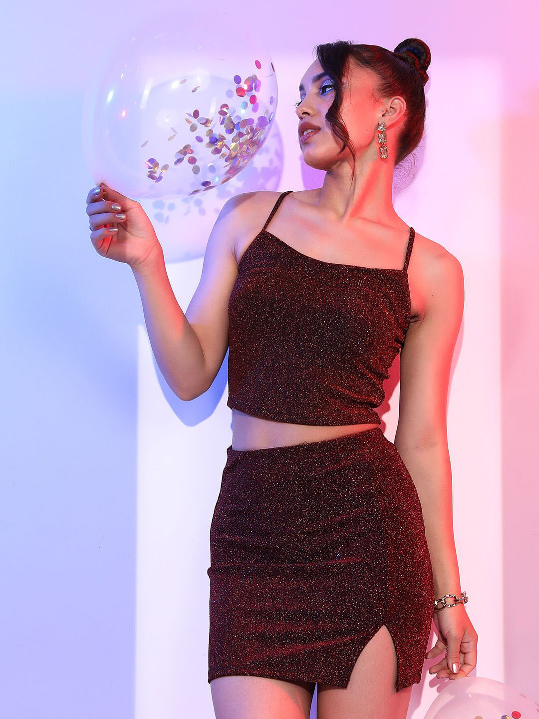 

Tokyo Talkies Red Self Design Shoulder Straps Shimmer Crop Top With Skirt