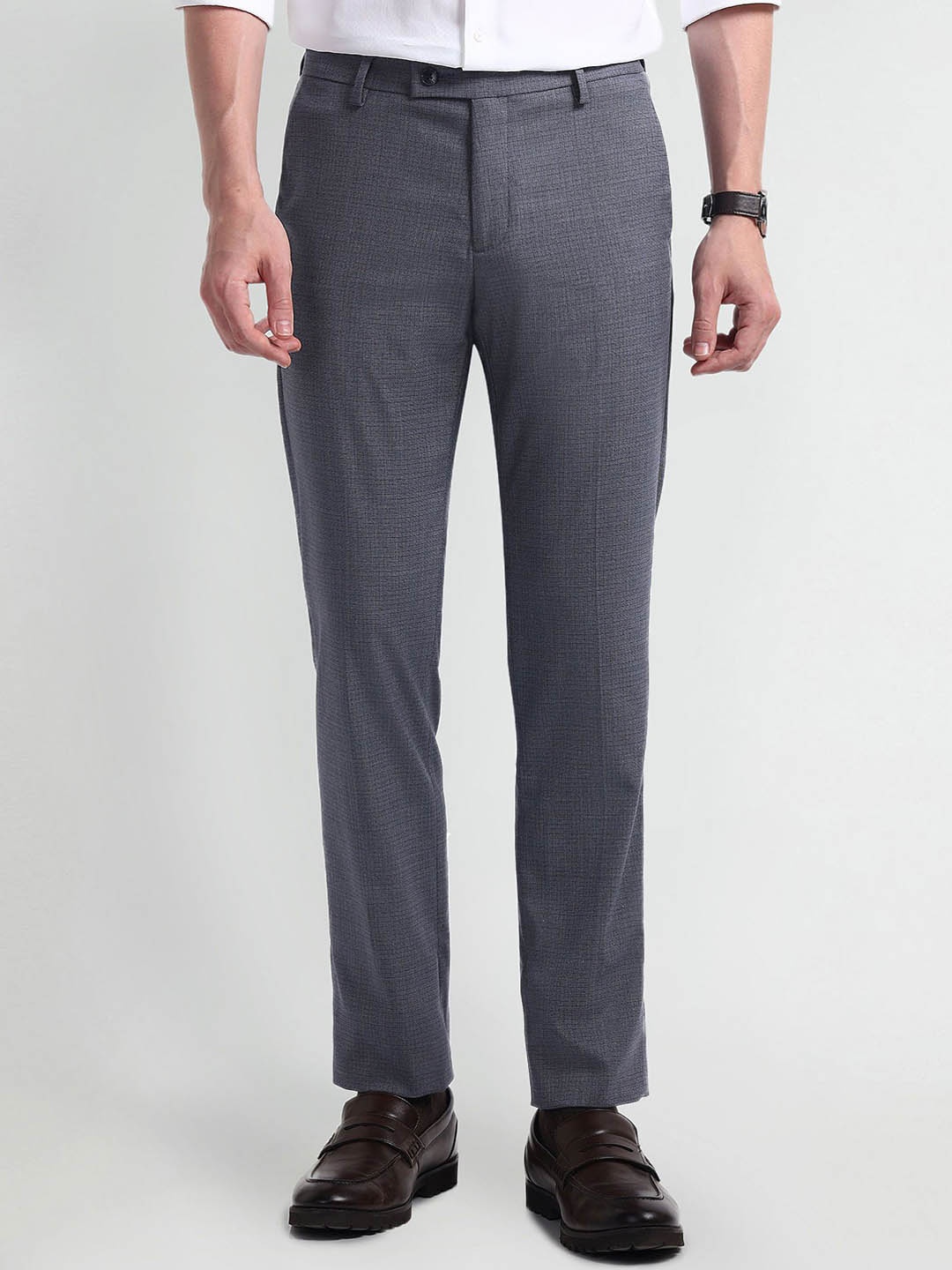 

Arrow Men Textured Checked Slim Fit Formal Trousers, Grey