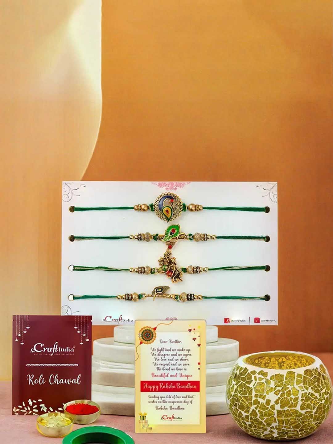 

eCraftIndia Set Of 5 Rakhi Tea Light Holder Greeting Card & Roli Chawal, Green