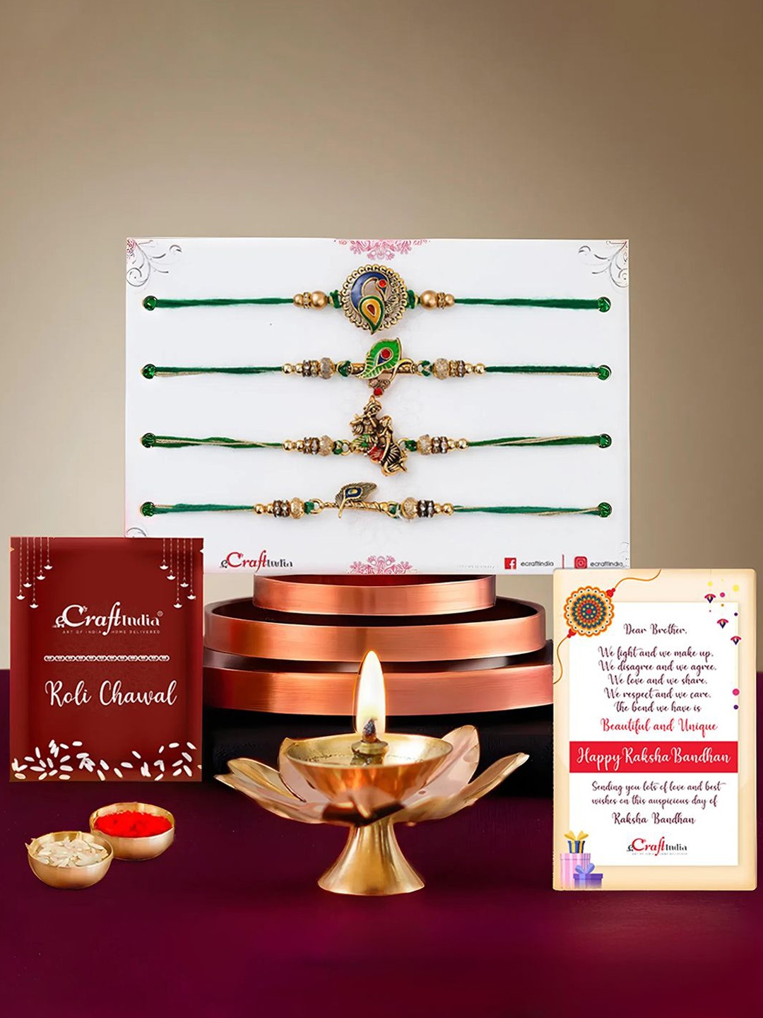 

eCraftIndia Set of 5 Beaded Rakhis With Lotus Flower Shape Diya, Gold