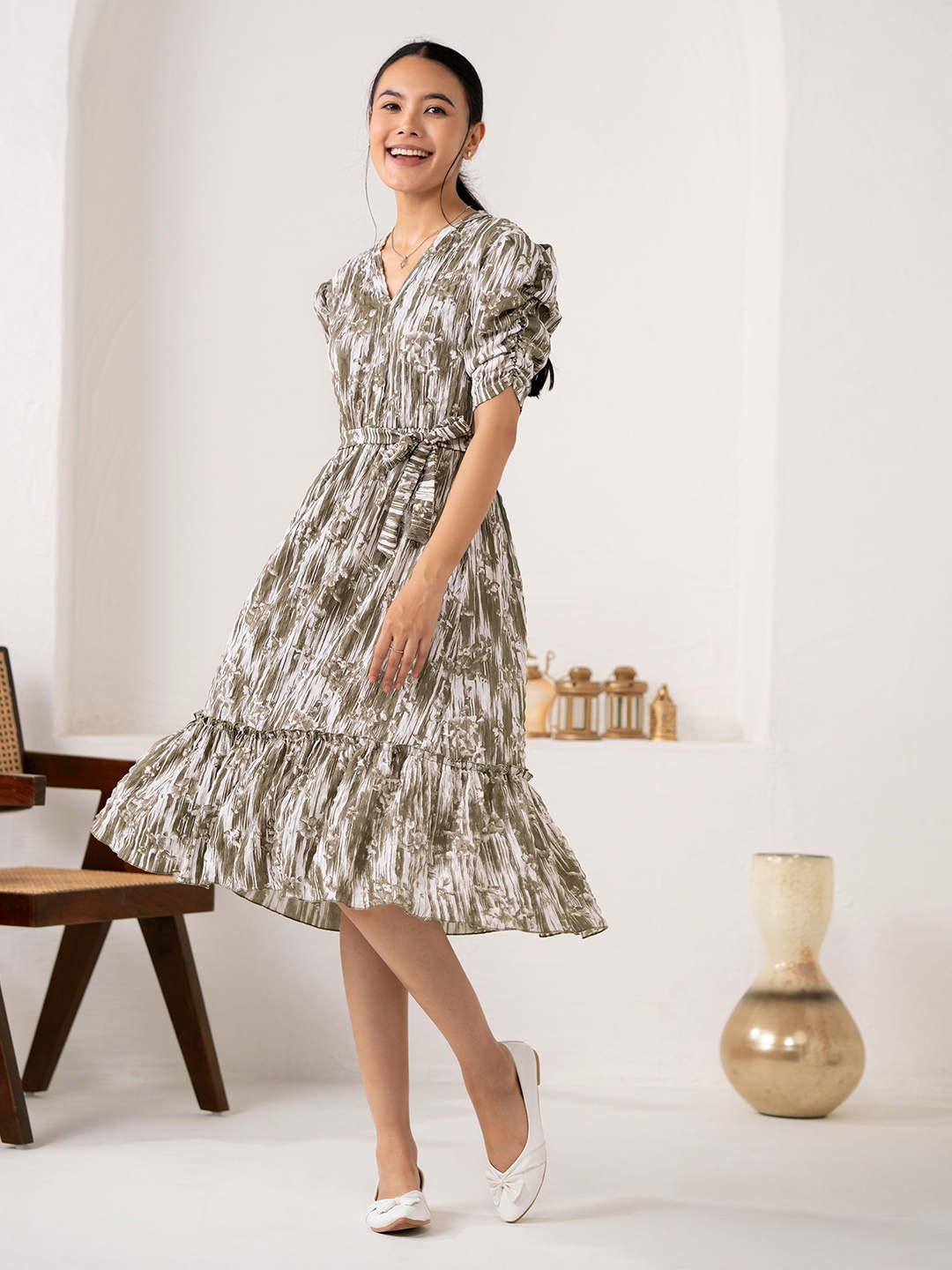 

DressBerry Animal Print Crepe A-Line Dress, Green