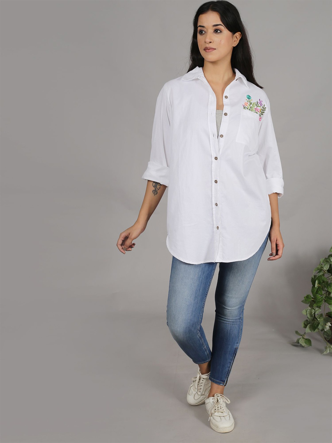 

Spring Soul Women Relaxed Spread Collar Floral Printed Cotton Relaxed Fit Casual Shirt, White