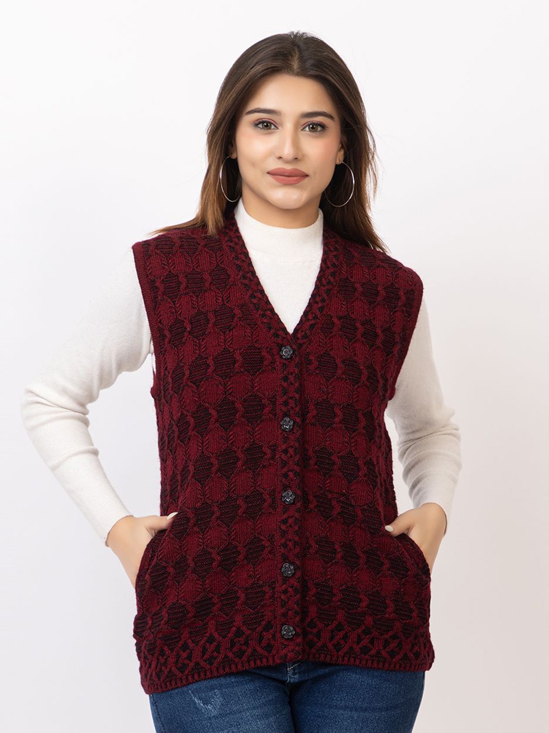 

TWENTY ME Women Embroidered Woollen Cardigan with Embroidered Detail, Maroon