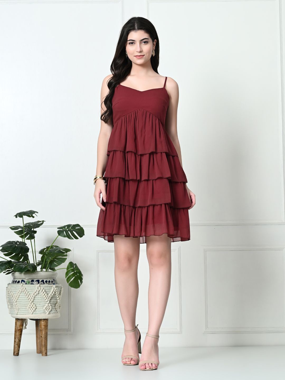 

Tushita Solid Layered Chiffon Fit & Flare Dress, Maroon