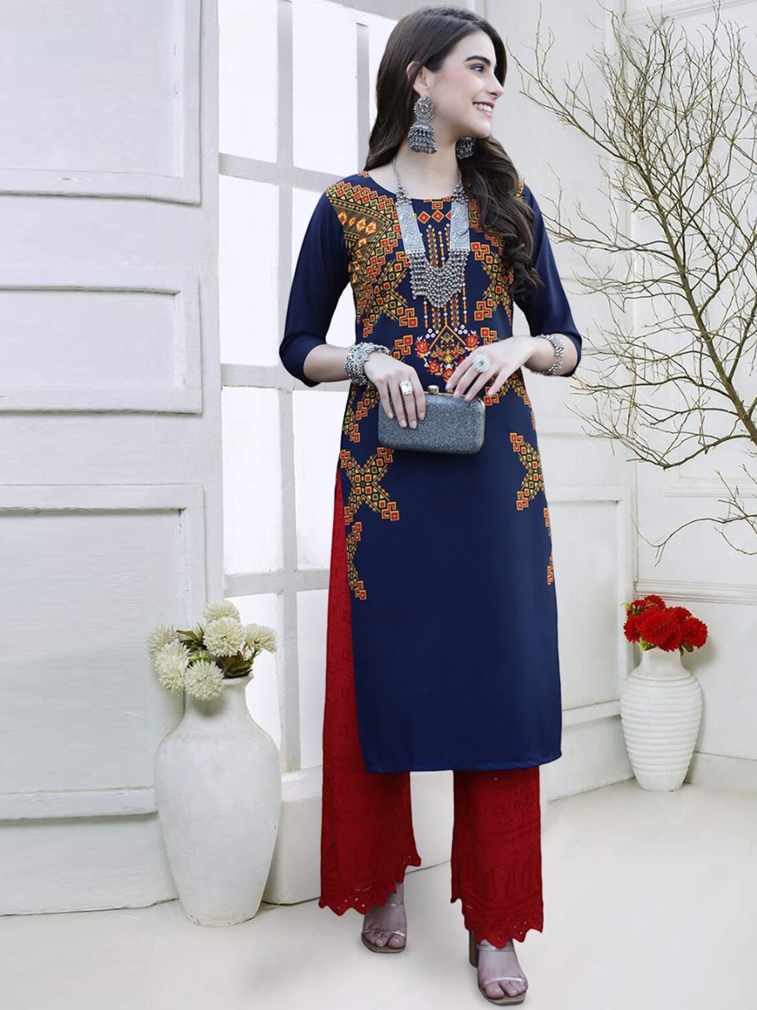 

7Threads Geometric Printed Round Neck Straight Kurta, Navy blue