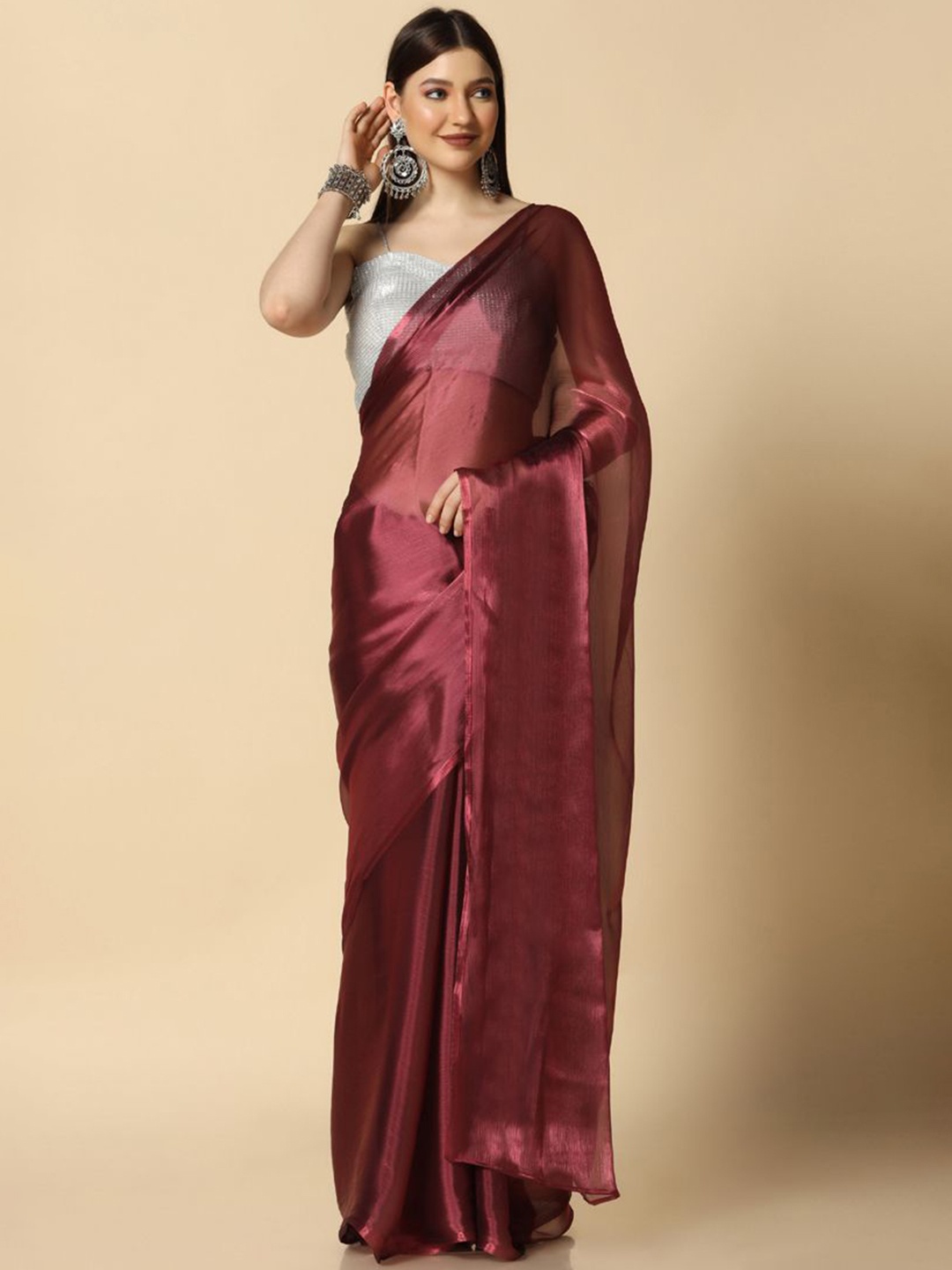 

ASISA Solid Organza Saree, Maroon