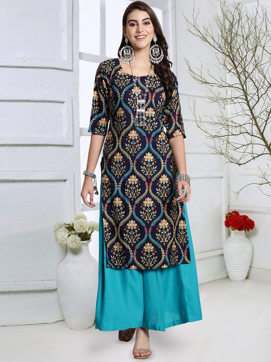 

7Threads Ethnic Motifs Printed Round Neck Straight Kurta, Navy blue