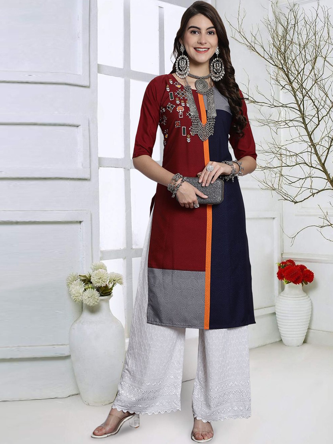 

7Threads Printed Floral Straight Kurta, Maroon