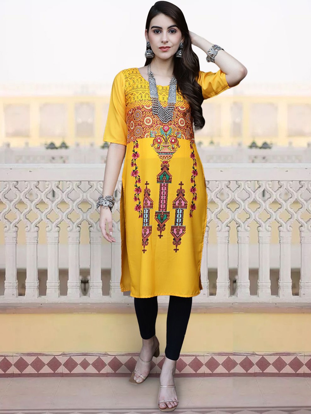 

7Threads Floral Printed Round Neck Crepe Straight Kurta, Yellow