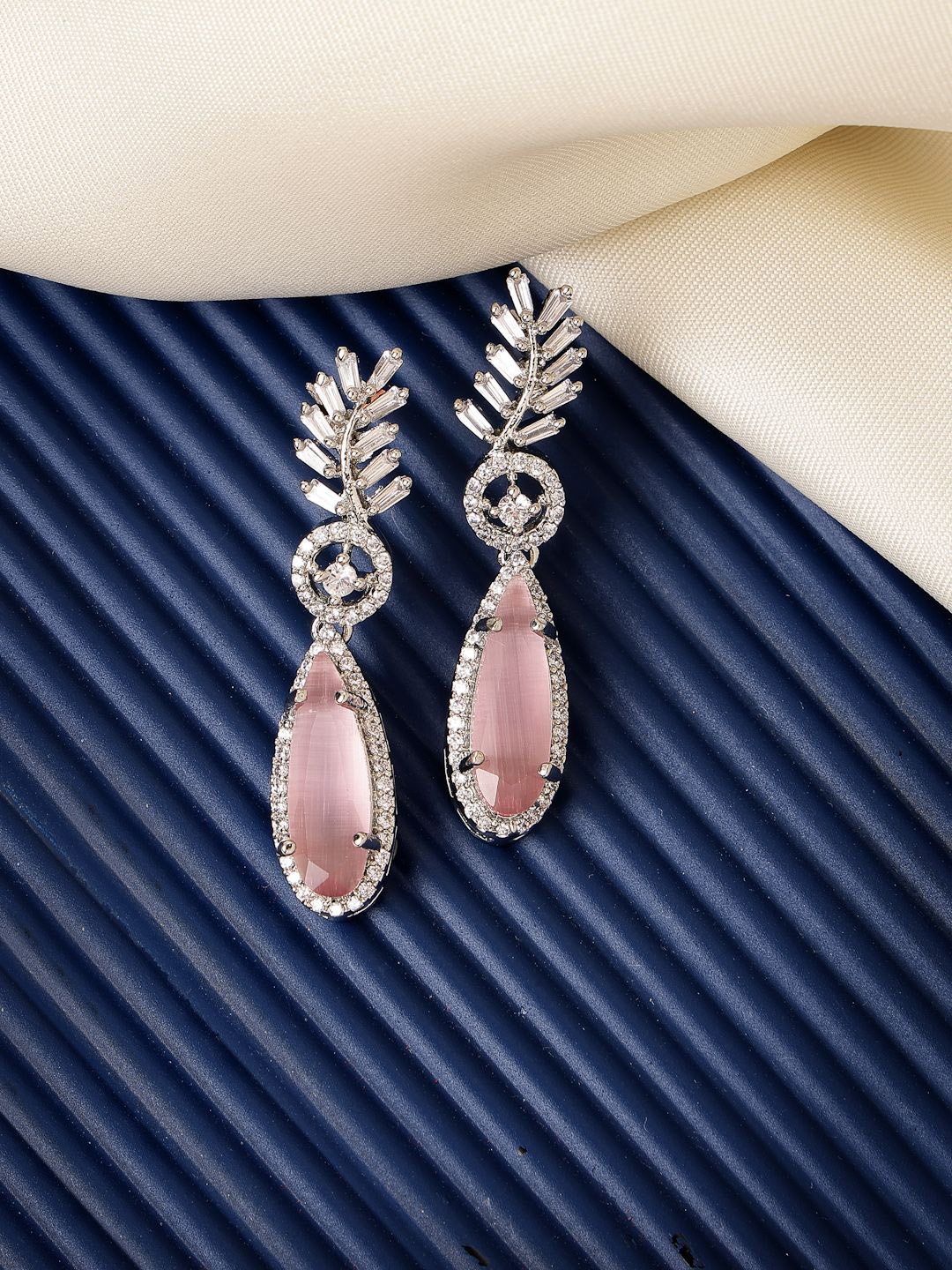 

ZENEME Rhodium-Plated American Diamond Studded Leaf Shaped Drop Earrings, Pink