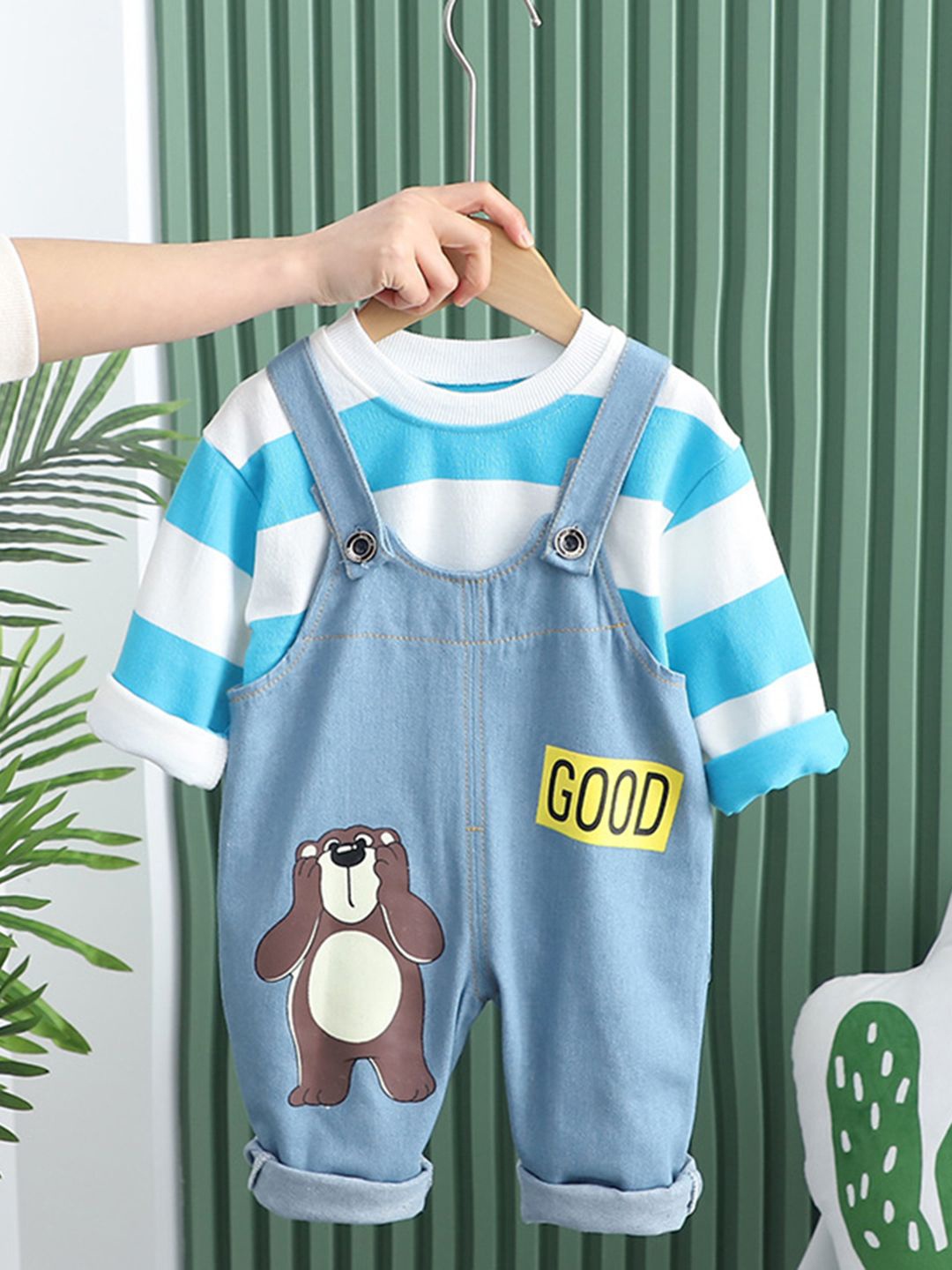 

INCLUD Girls Striped Long Sleeves T-Shirt With Dungaree Set, Blue