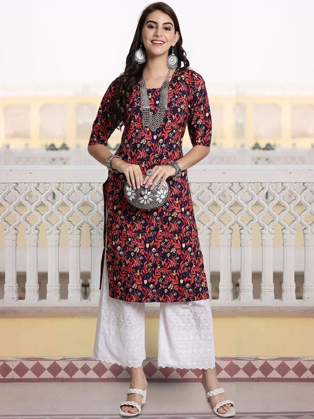 

7Threads Floral Digital Printed Round Neck Straight Kurta, Red