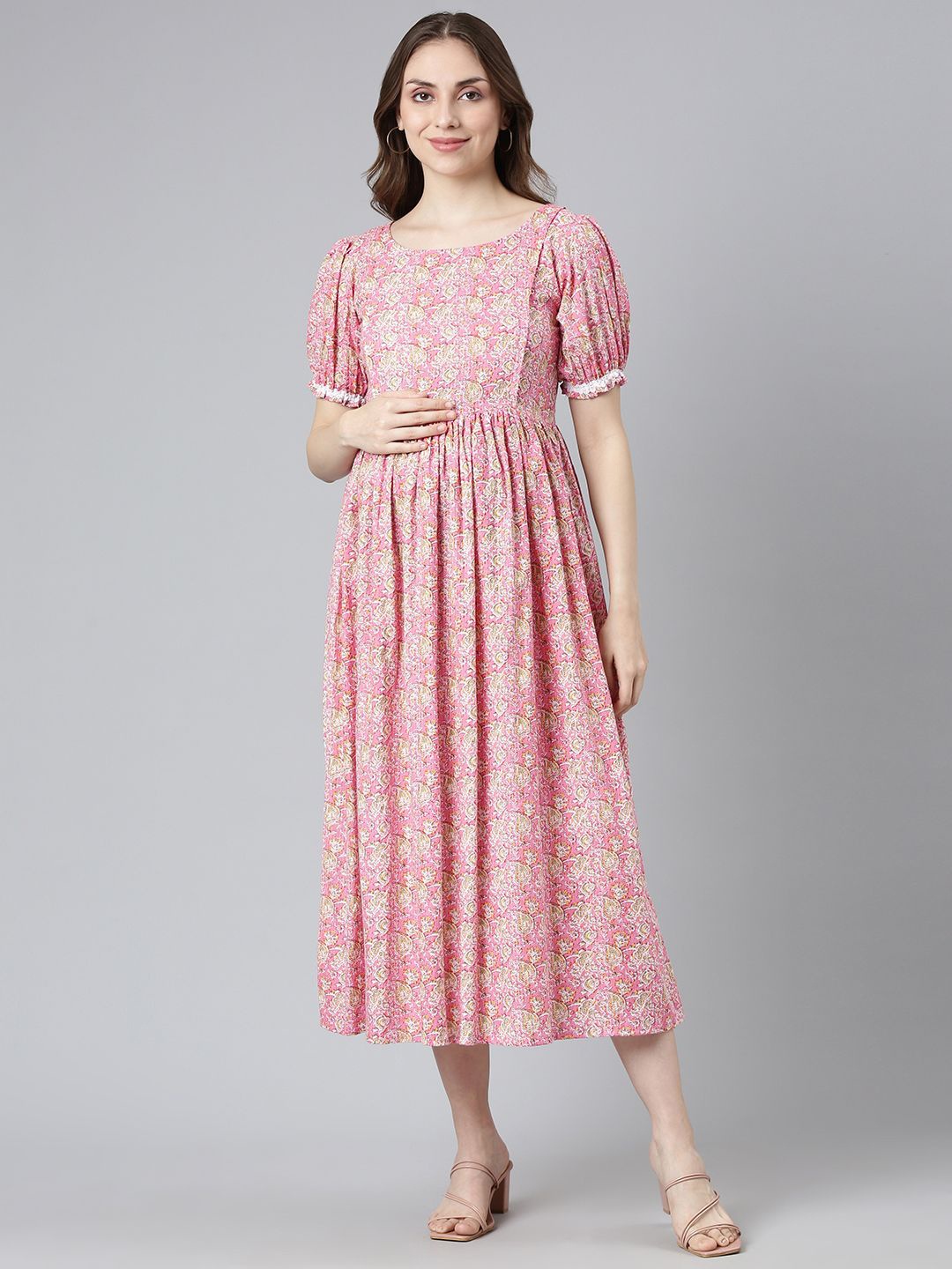 

Swishchick Women Floral Printed Puff Sleeve Maternity Fit & Flare Maxi Dress, Pink