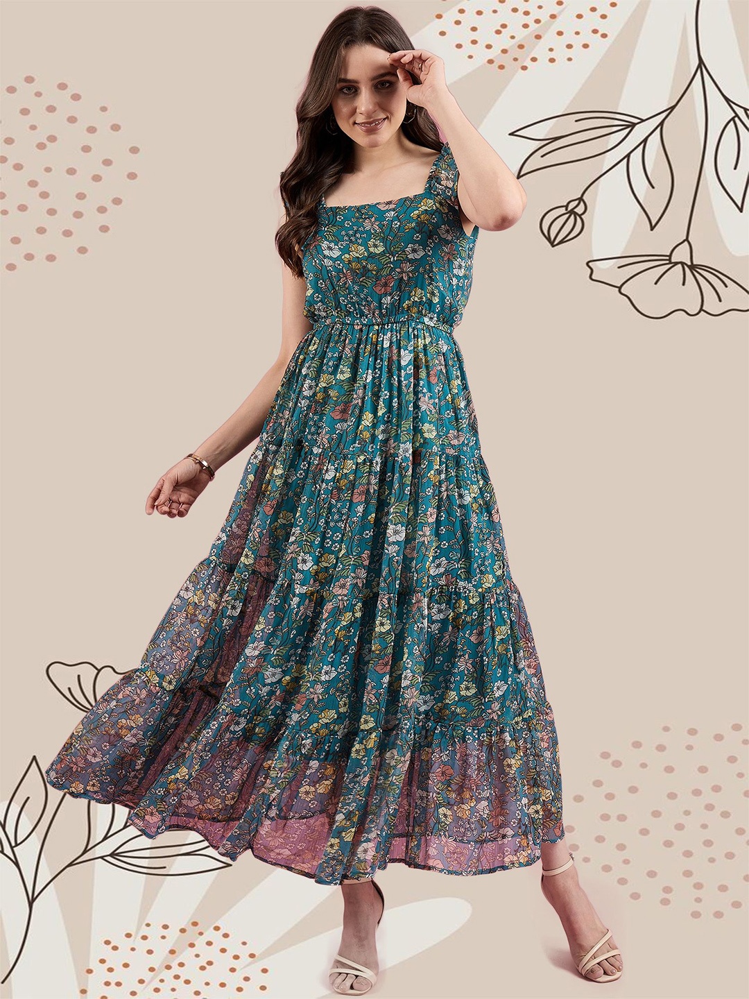 

Deewa Floral Printed Georgette Fit & Flare Maxi Dress, Turquoise blue