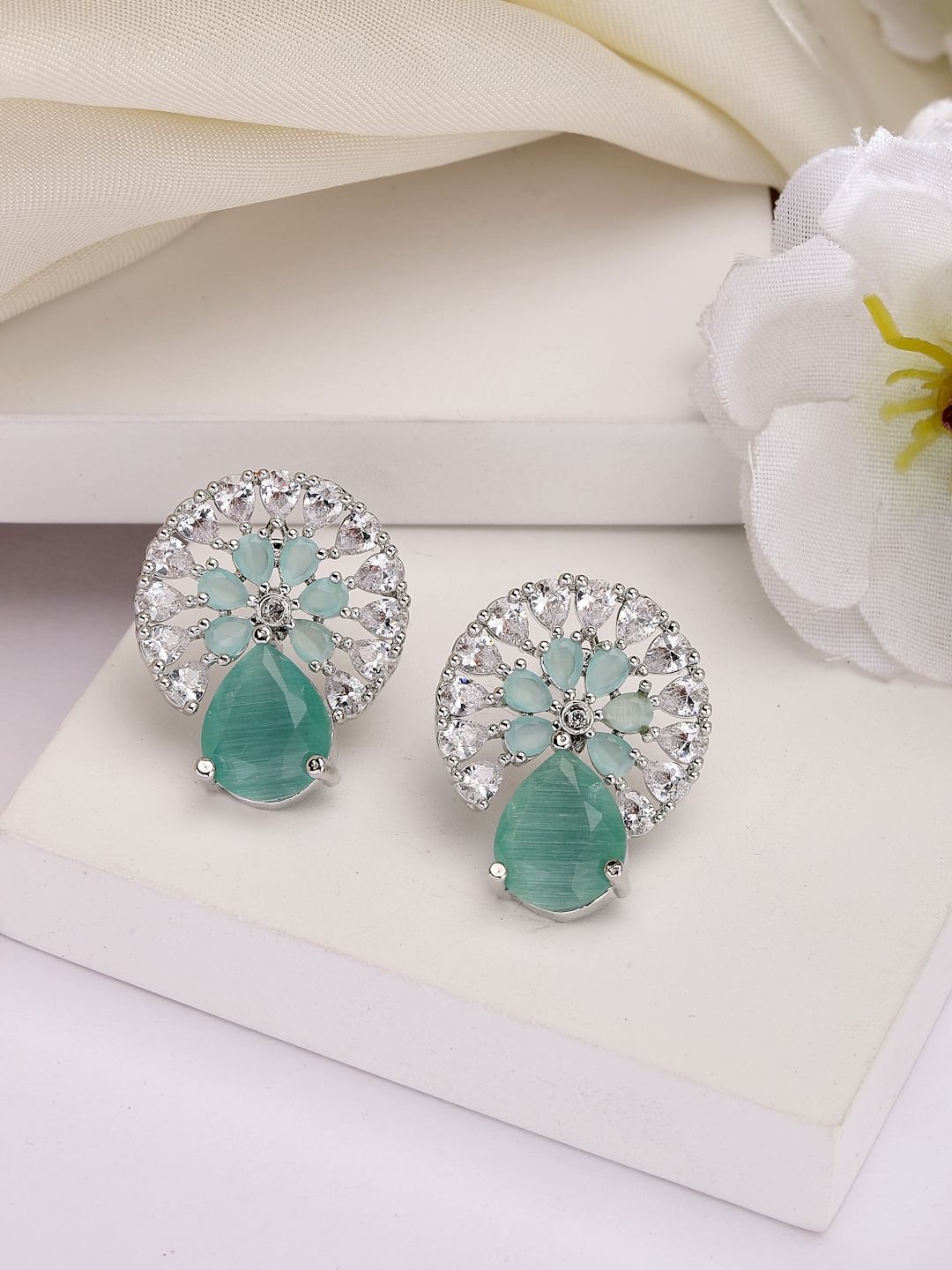 

ZENEME Rhodium Plated Circular American Diamond Studded Earrings, Sea green