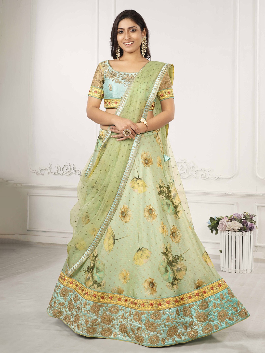 

SAPTRANGI Embroidered Sequinned Ready To Wear Lehenga & Blouse With Dupatta, Green