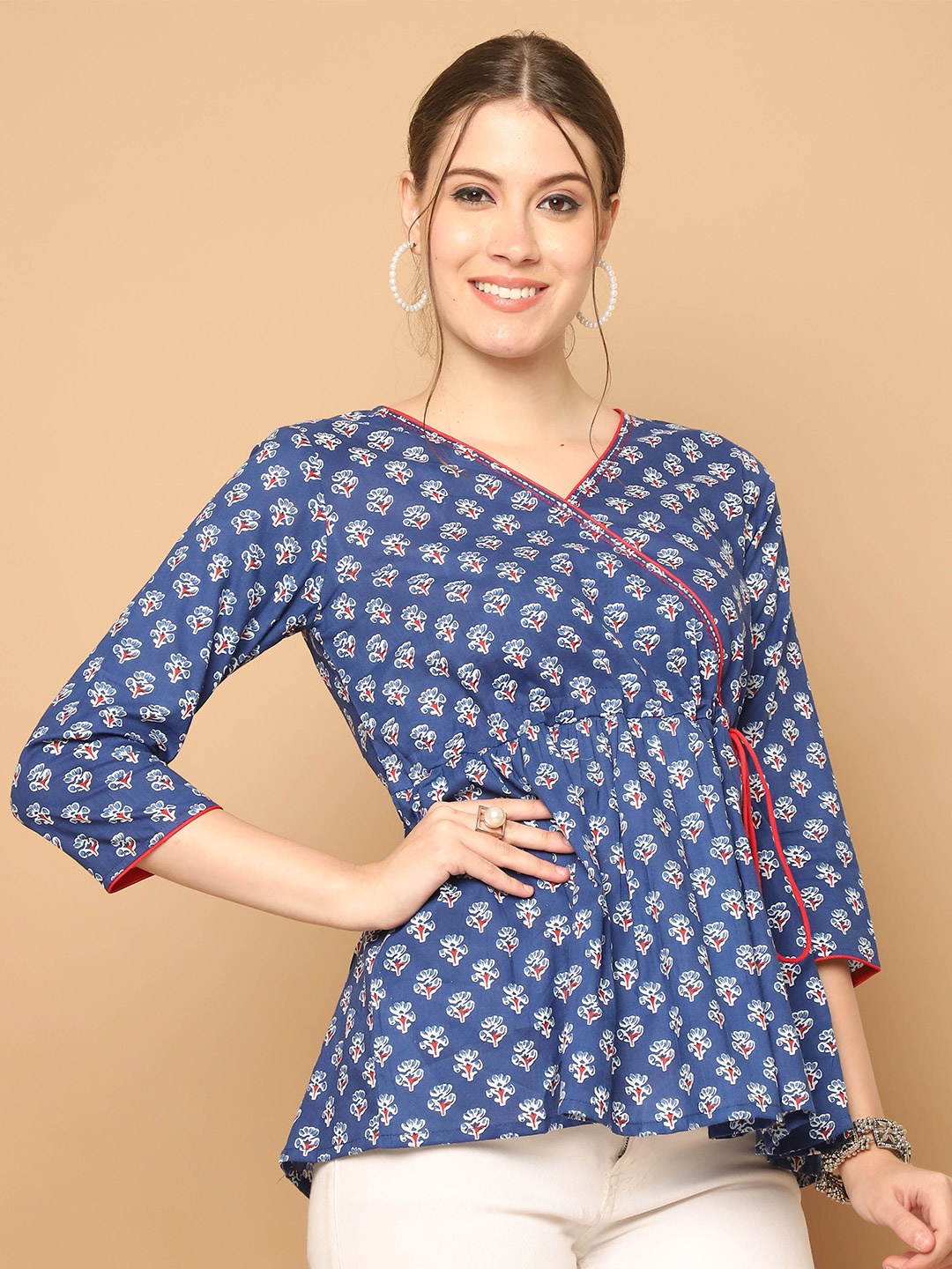 

Rajnandini Floral Print Ethnic Cotton Top, Blue