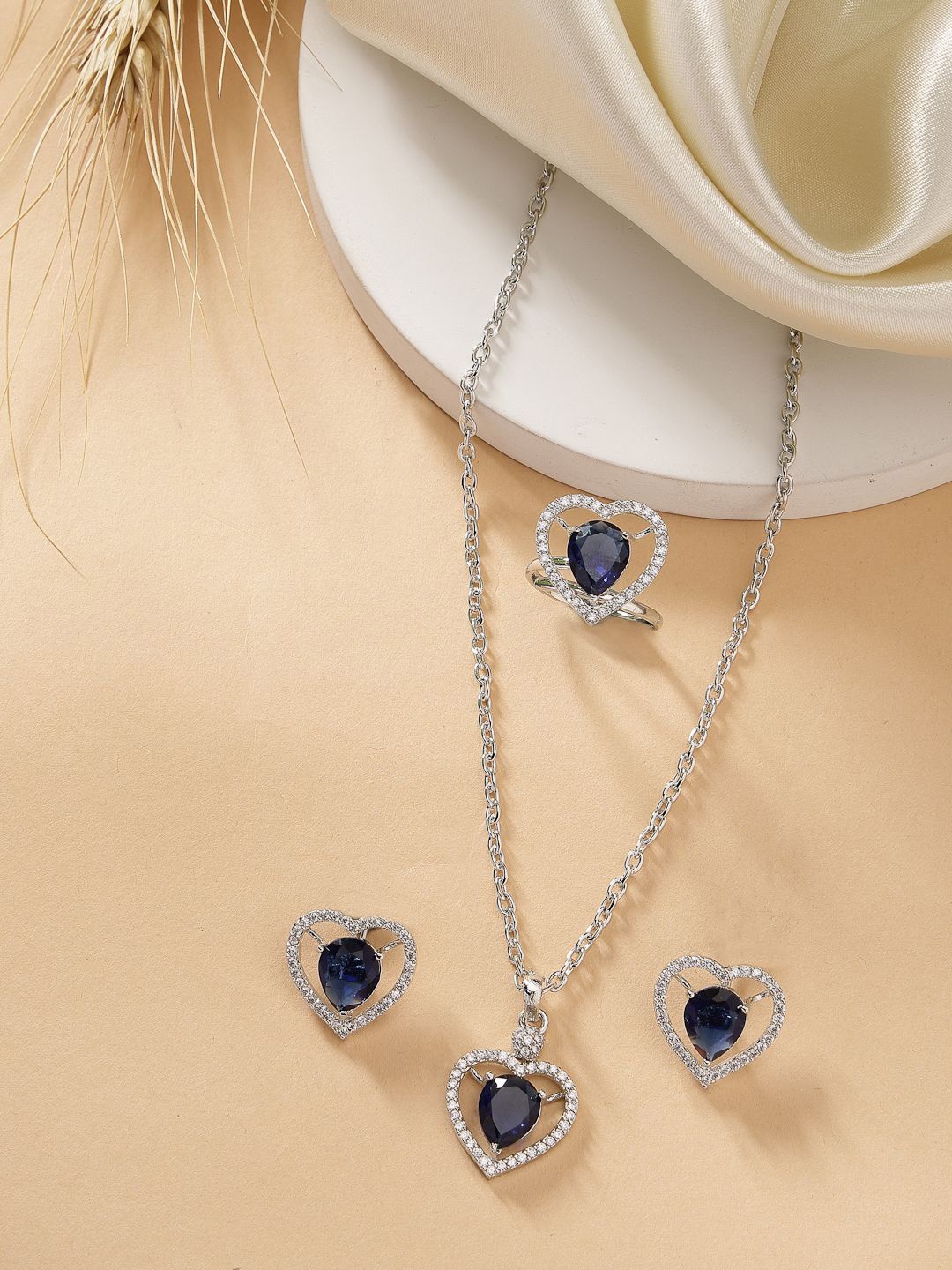 

ZENEME Silver-Plated AD-Studded Crystal Heart Necklace and Earrings With Ring