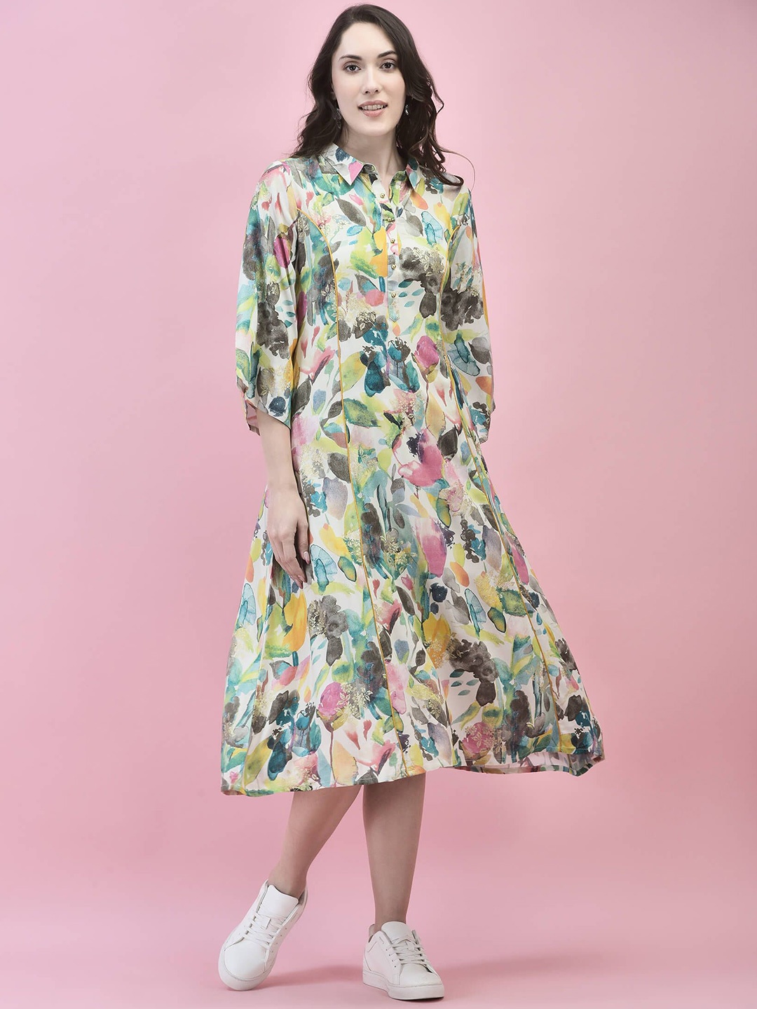 

Shree Print Flared Sleeve Liva A-Line Maxi Dress, White