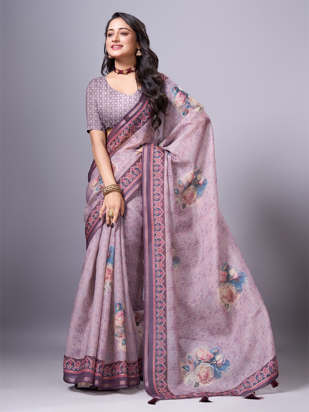

SANJANA SILK Floral Organza Block Print Saree, Purple