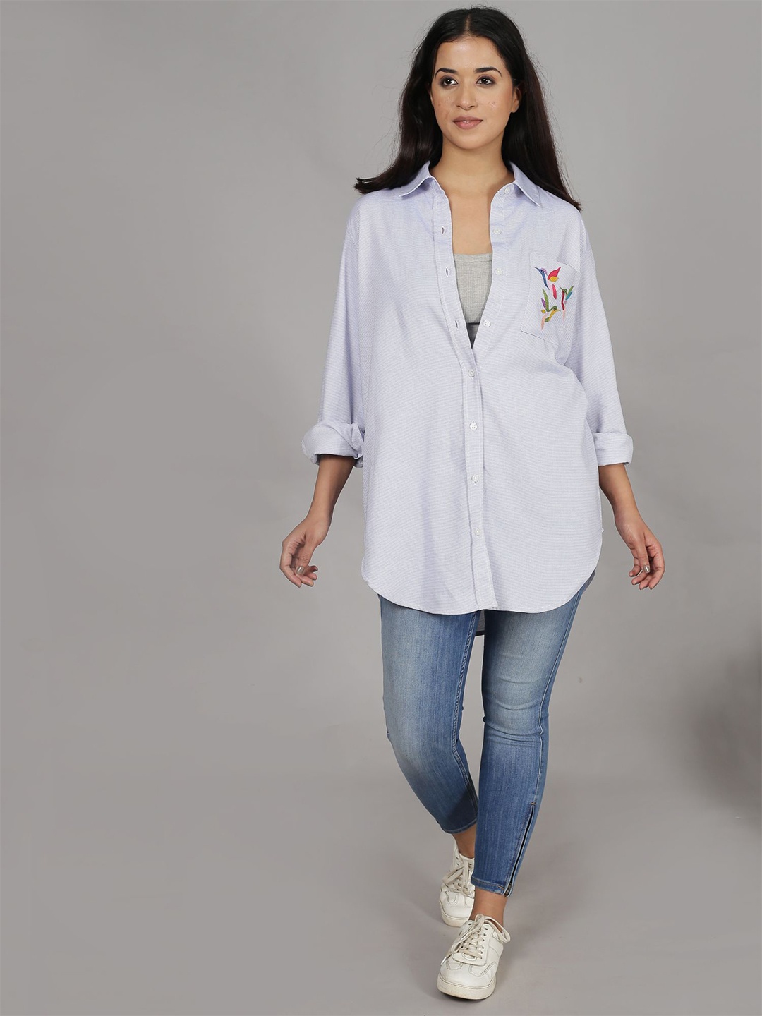 

Spring Soul Women Relaxed Spread Collar Striped Cotton Relaxed Fit Casual Shirt, White