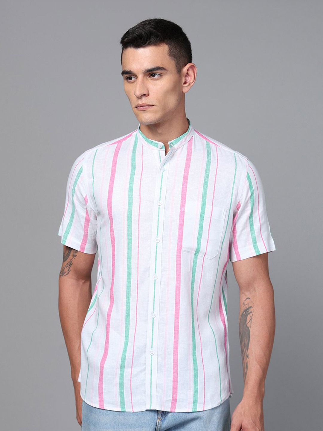 

DON VINO Men Band Collar Multi Striped Cotton Slim Fit Casual Shirt, White