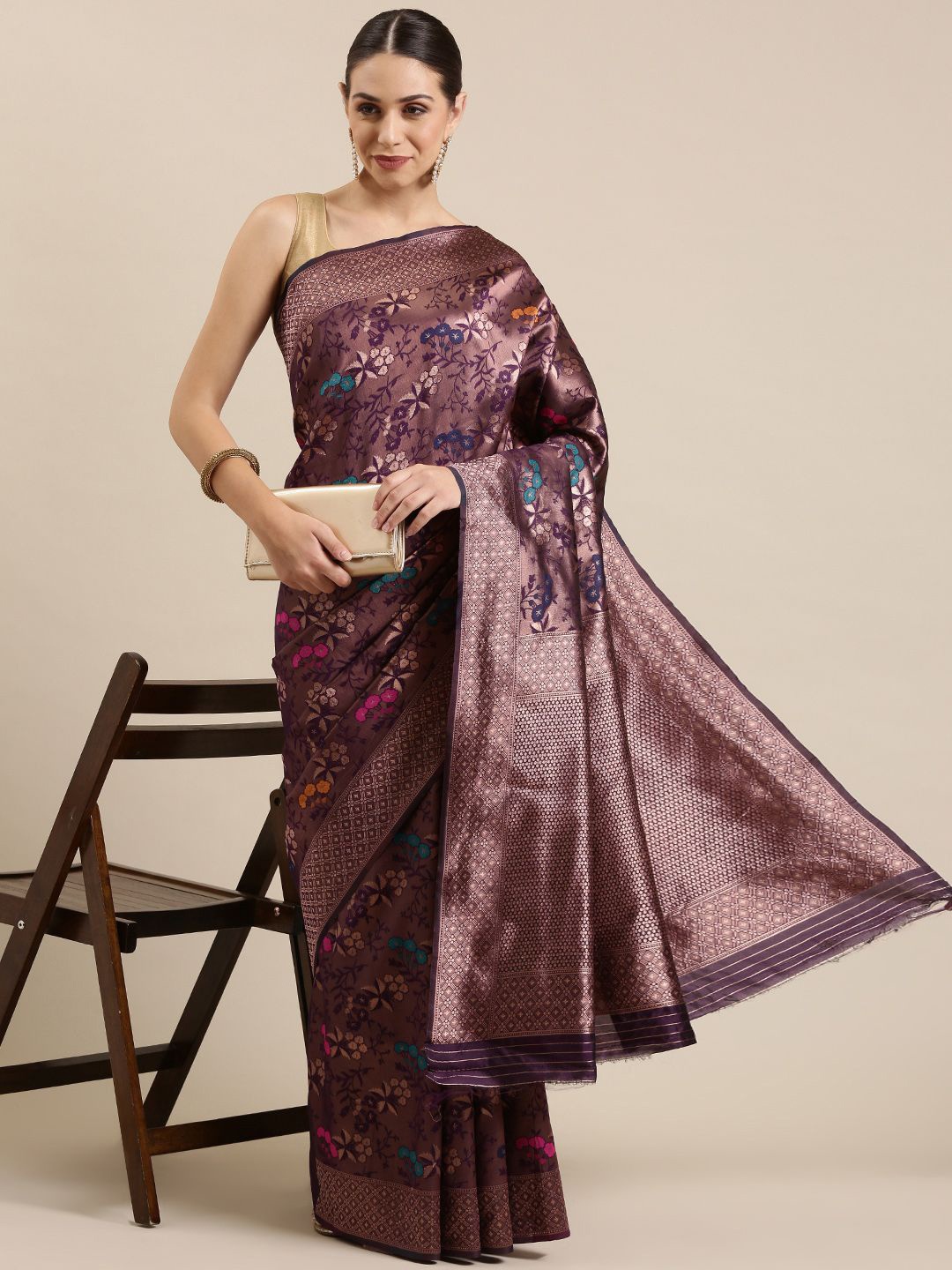 

KIMISHA Floral Zari Saree, Purple