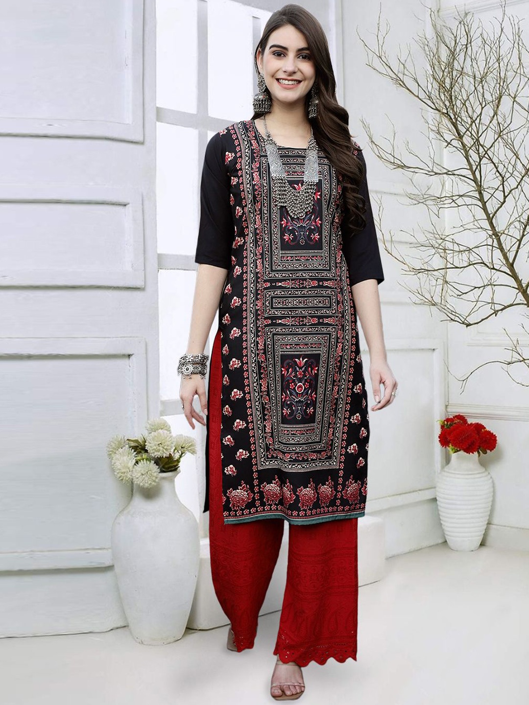 

7Threads Ethnic Motifs Printed Straight Kurta, Black