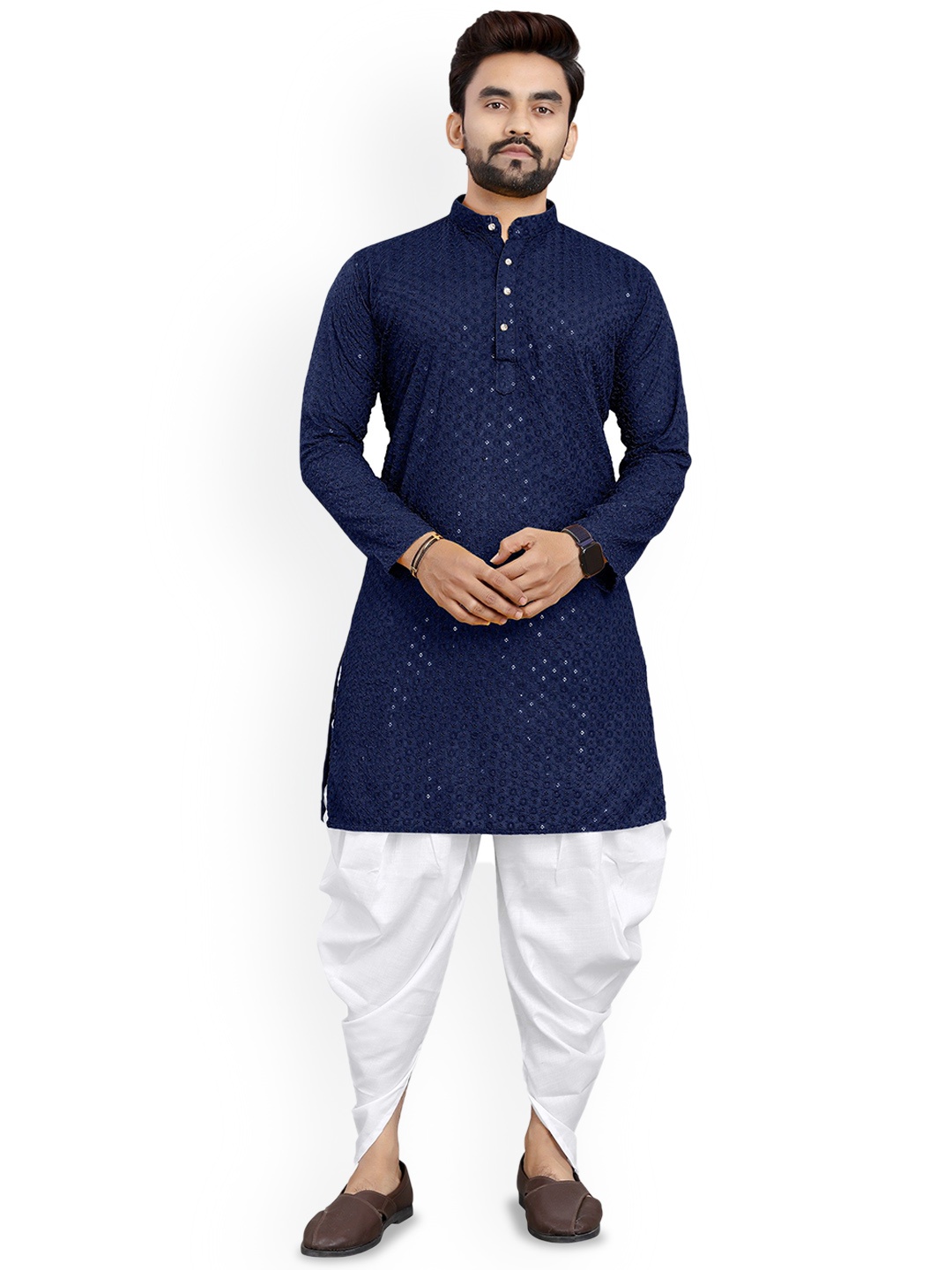 

trustous Floral Embroidered Sequinned Mandarin Collar Straight Kurta with Dhoti Pants, Navy blue