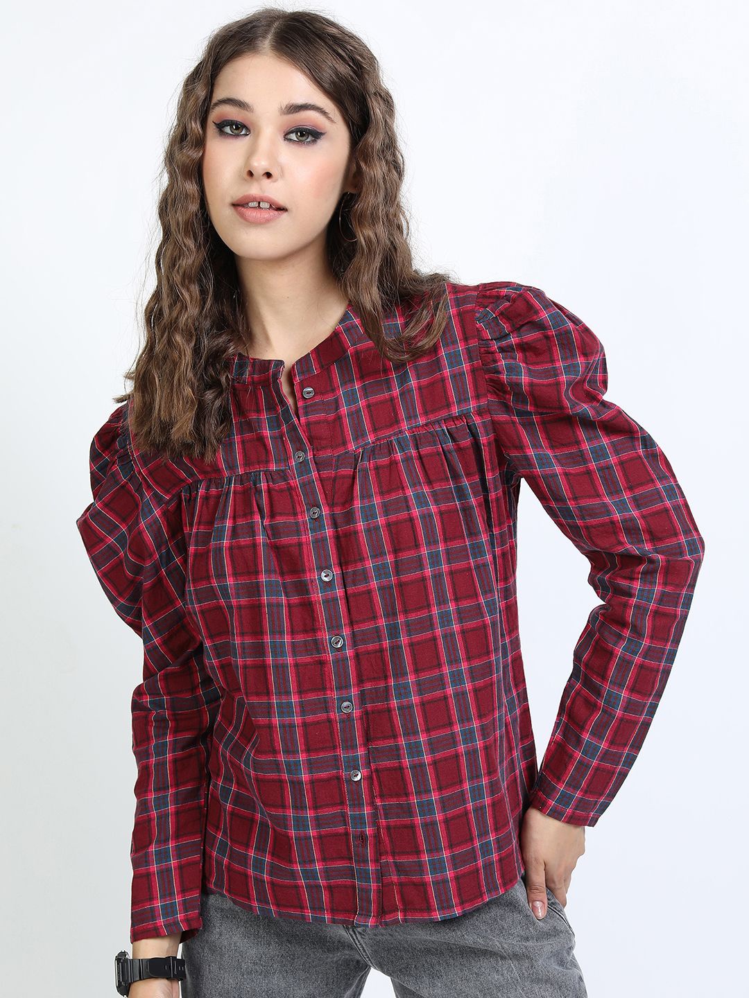 

Tokyo Talkies Checked Puff Sleeve Cotton Shirt Style Top, Maroon