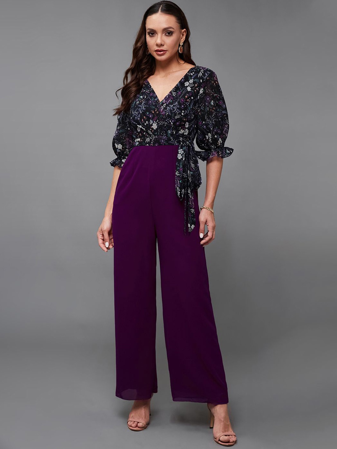 

Miss Chase Women V-Neck Puff Sleeve Floral Patterned Wrap Regular Georgette Jumpsuit, Purple