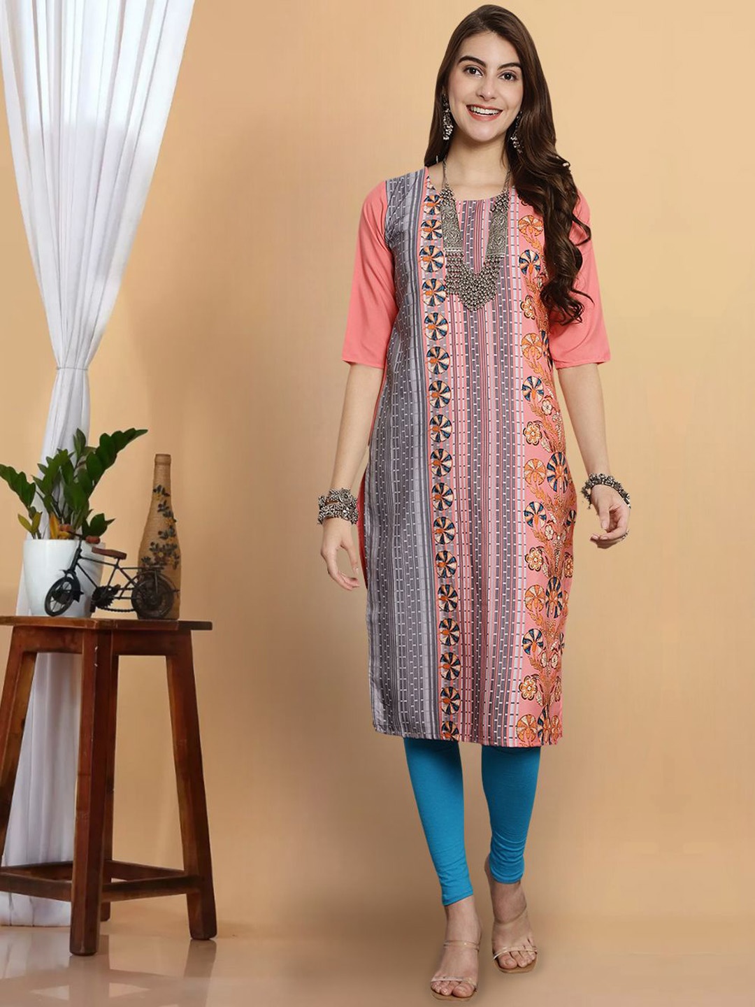 

7Threads Abstract Printed Straight Kurta, Peach