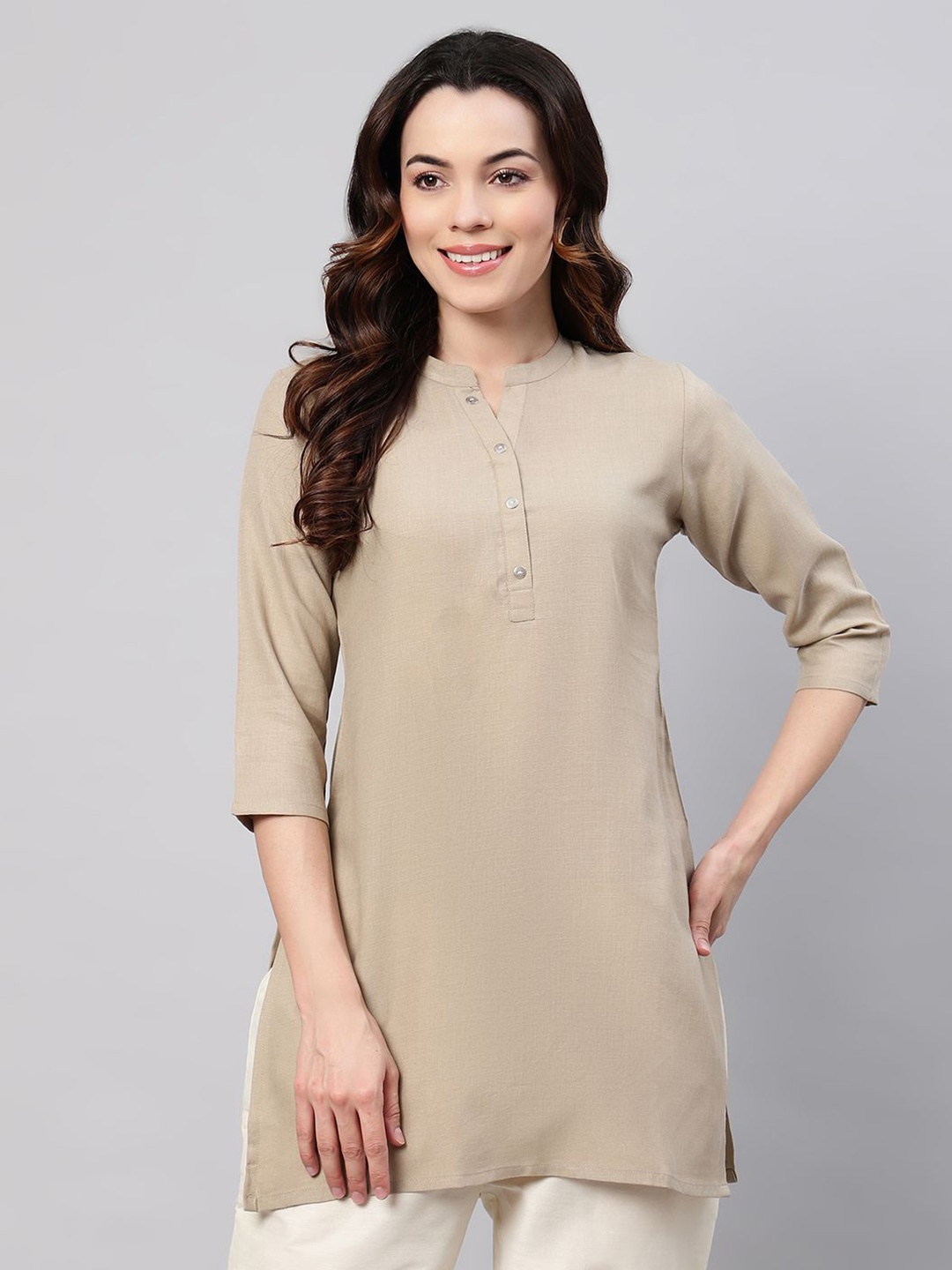 

FLAMBOYANT Women Solid Mandarin Collar Cotton Top, Beige