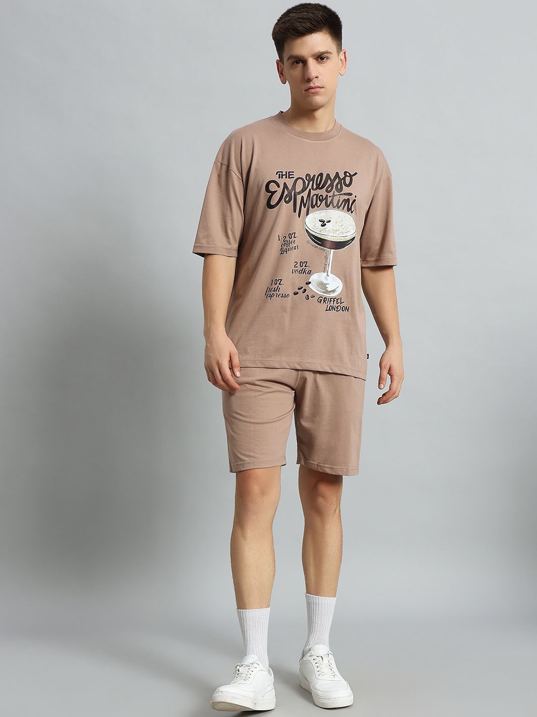 

GRIFFEL Printed Oversized Fit Pure Cotton T-Shirt With Shorts, Camel brown