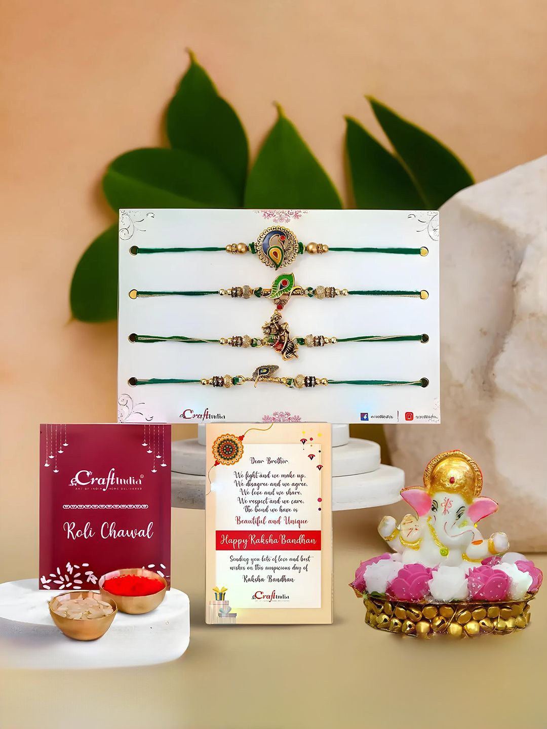 

eCraftIndia Set Of 4 Rakhi With Ganesh Idol Gift Set, Gold