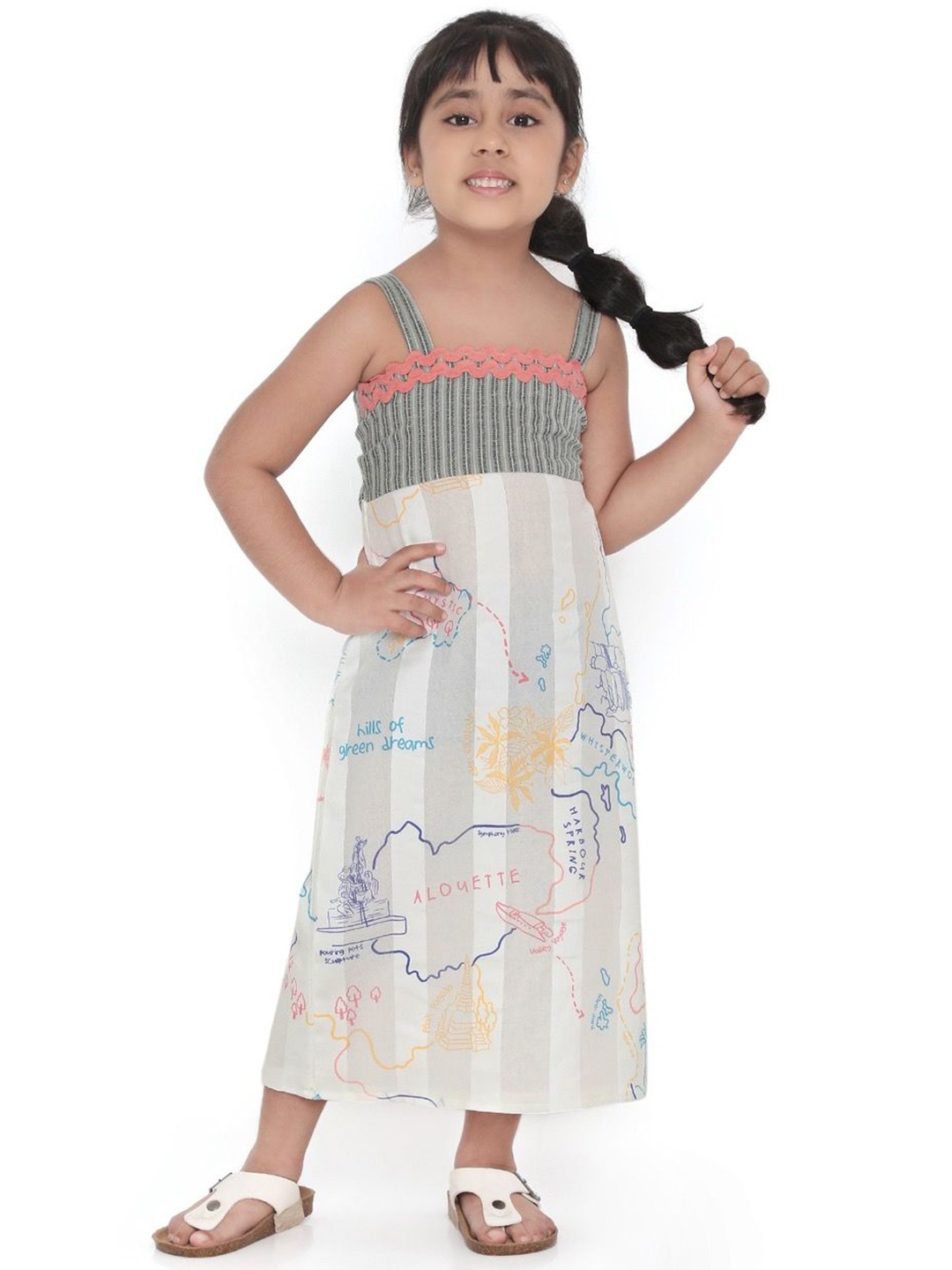 

Miko Lolo Girls Printed Organic Cotton Shoulder Straps Maxi Dress, Off white