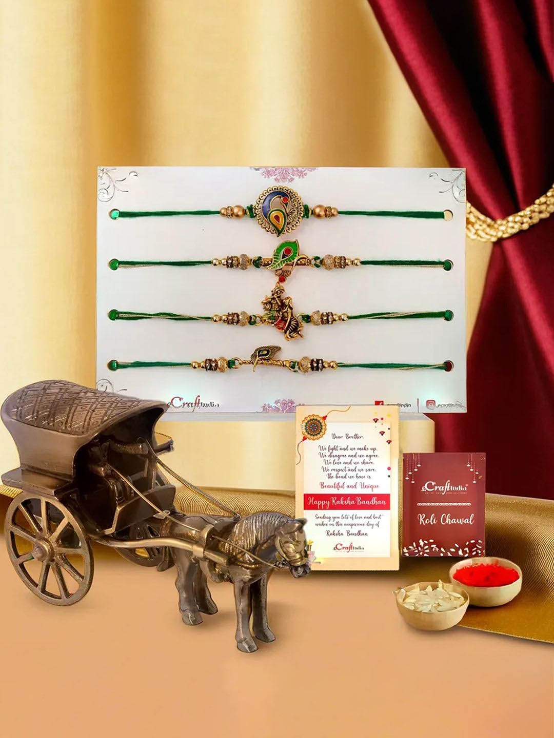 

eCraftIndia Set of 5 Designer Rakhis With Horse Cart Showpiece Gifts, Green