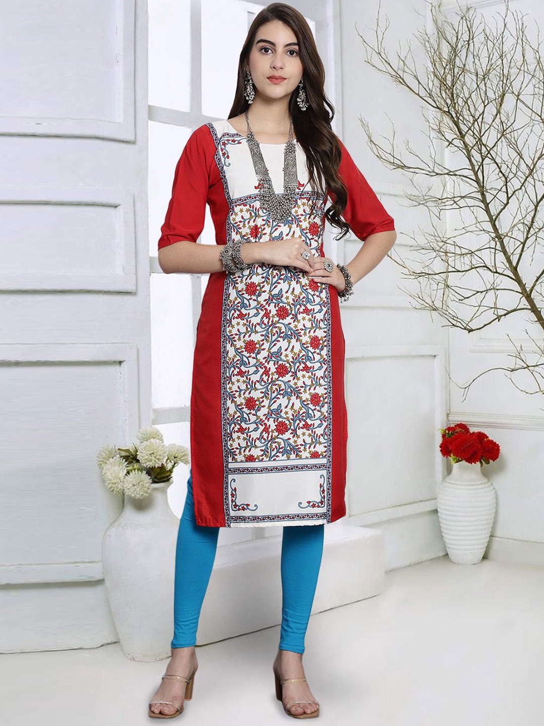 

7Threads Floral Printed Round Neck Straight Kurta, Red