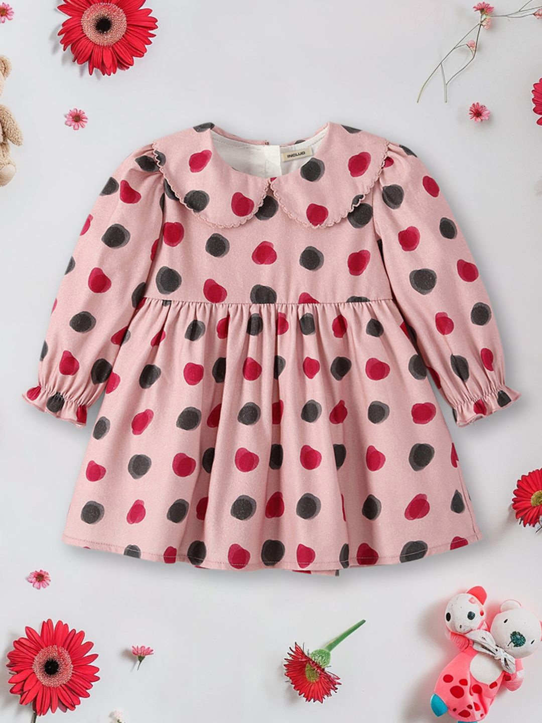 

INCLUD Girls Printed Peter Pan Collar Puff Sleeve Fit & Flare Dress, Pink