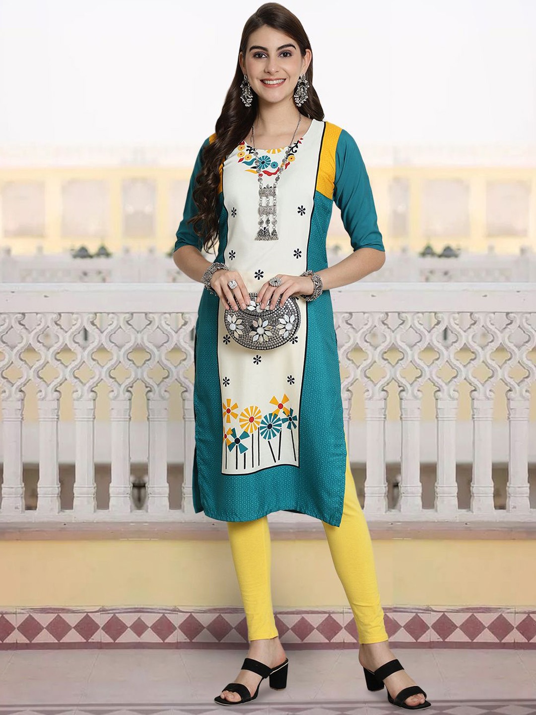 

7Threads Floral Printed Round Neck Straight Kurta, Blue