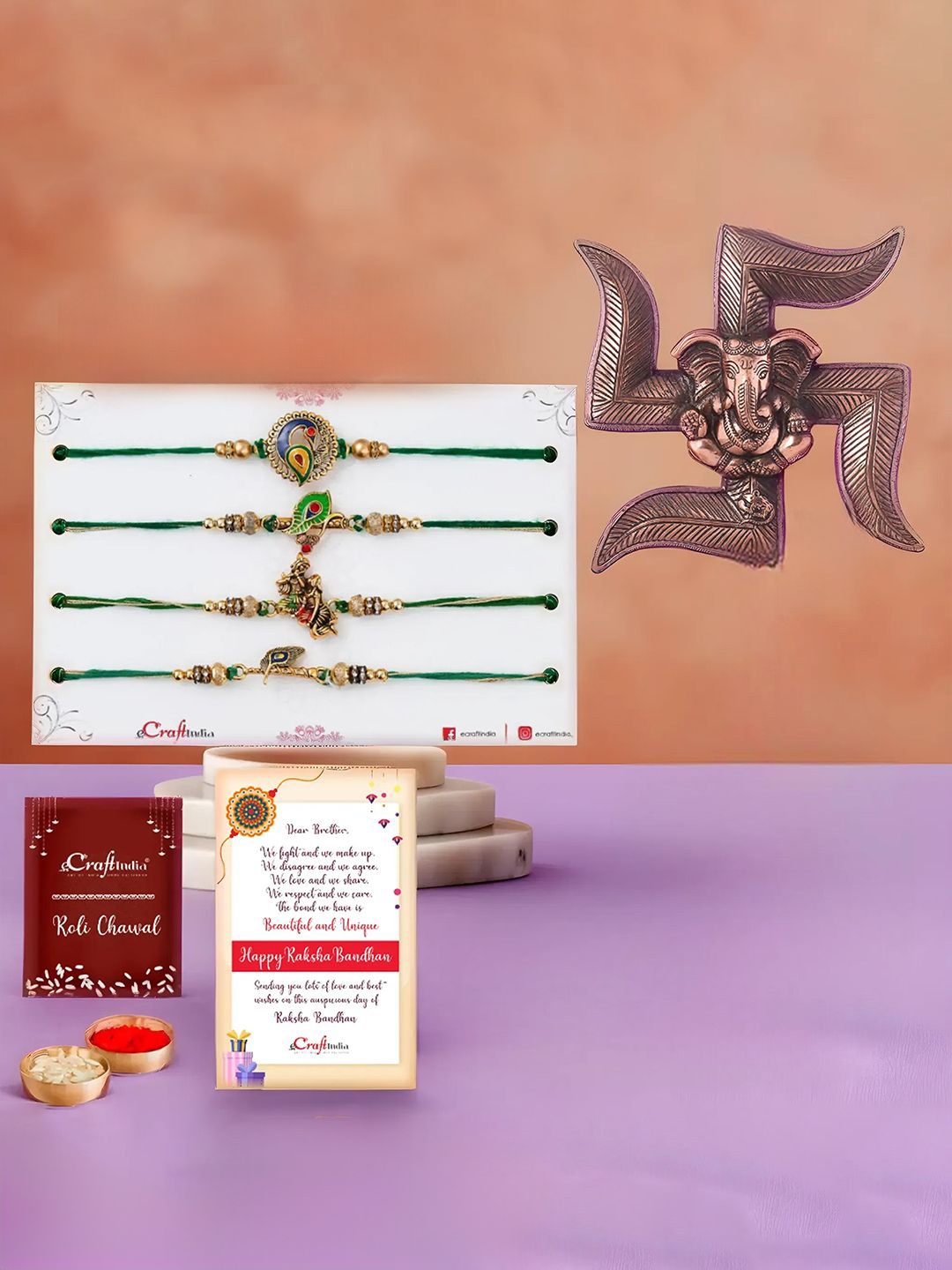 

eCraftIndia Set Of 5 Rakhi With Wall Hanging Gift Set, Gold