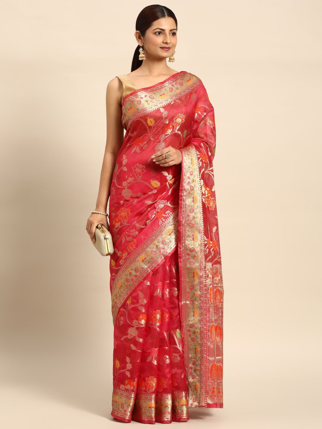 

KIMISHA Woven Design Zari Floral Printed Organza Kanjeevaram Saree, Pink