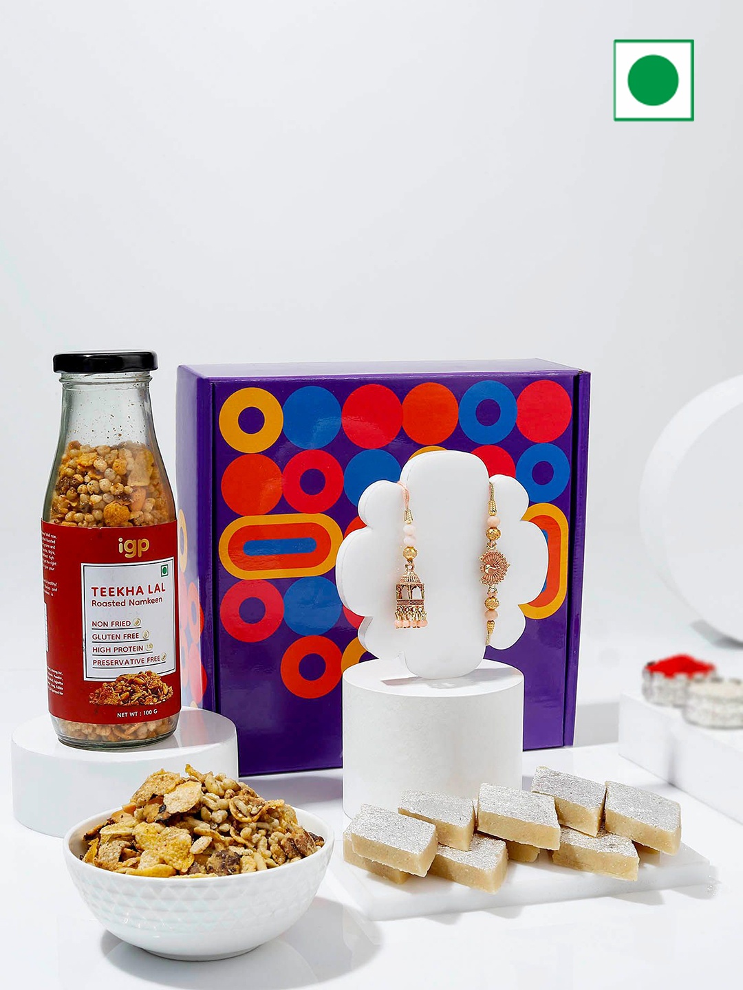 

IGP Set of 3 Bhaiya Bhabhi Rakhi with Sweet & Savory Gift Hamper, Gold