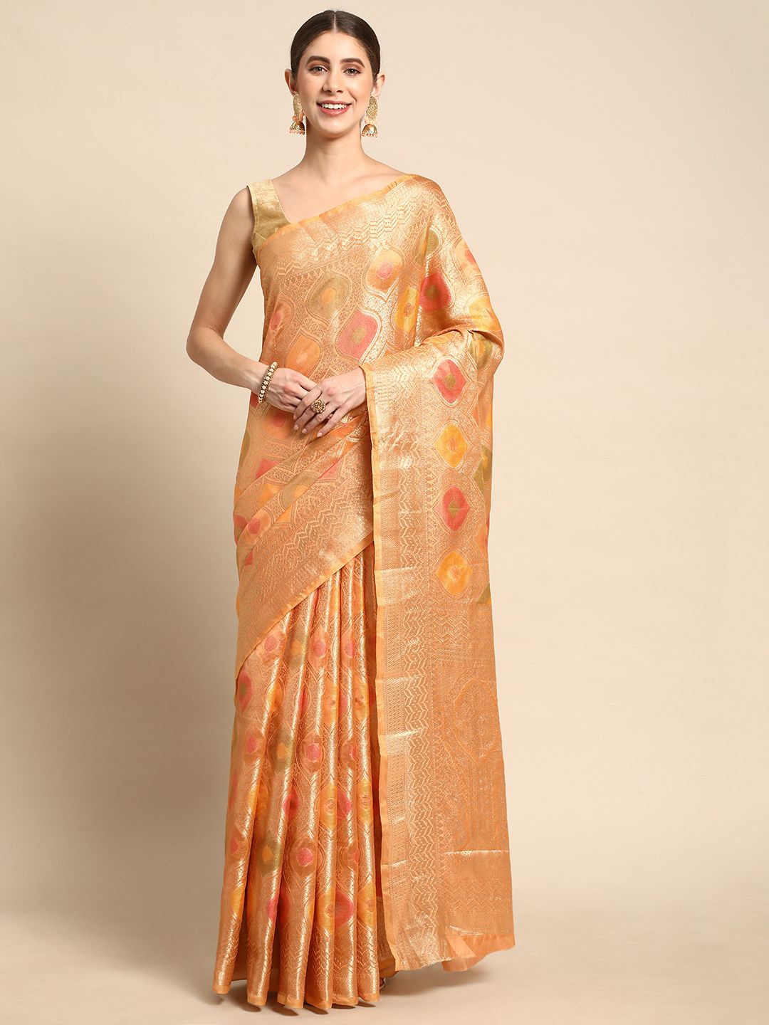 

KIMISHA Ethnic Motifs Zari Organza Kanjeevaram Saree, Orange